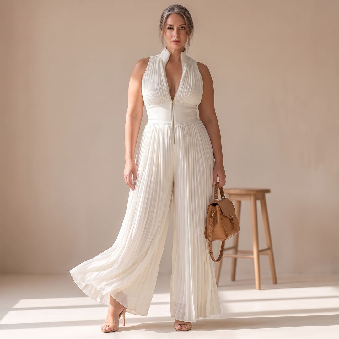 Damen Elegant Plissierter Jumpsuit mit tiefem V-Ausschnitt und Reißverschluss