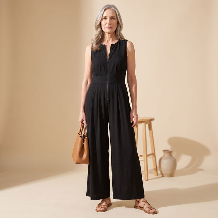 Damen Elegant Plissierter Jumpsuit mit tiefem V-Ausschnitt und Reißverschluss - Schwarz