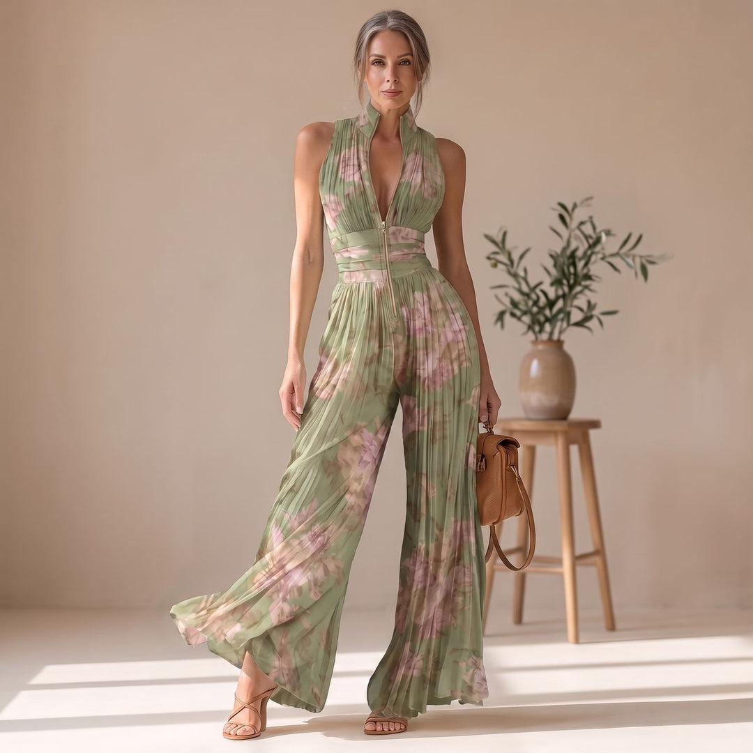 Damen Elegant Plissierter Jumpsuit mit tiefem V-Ausschnitt und Reißverschluss - Grün