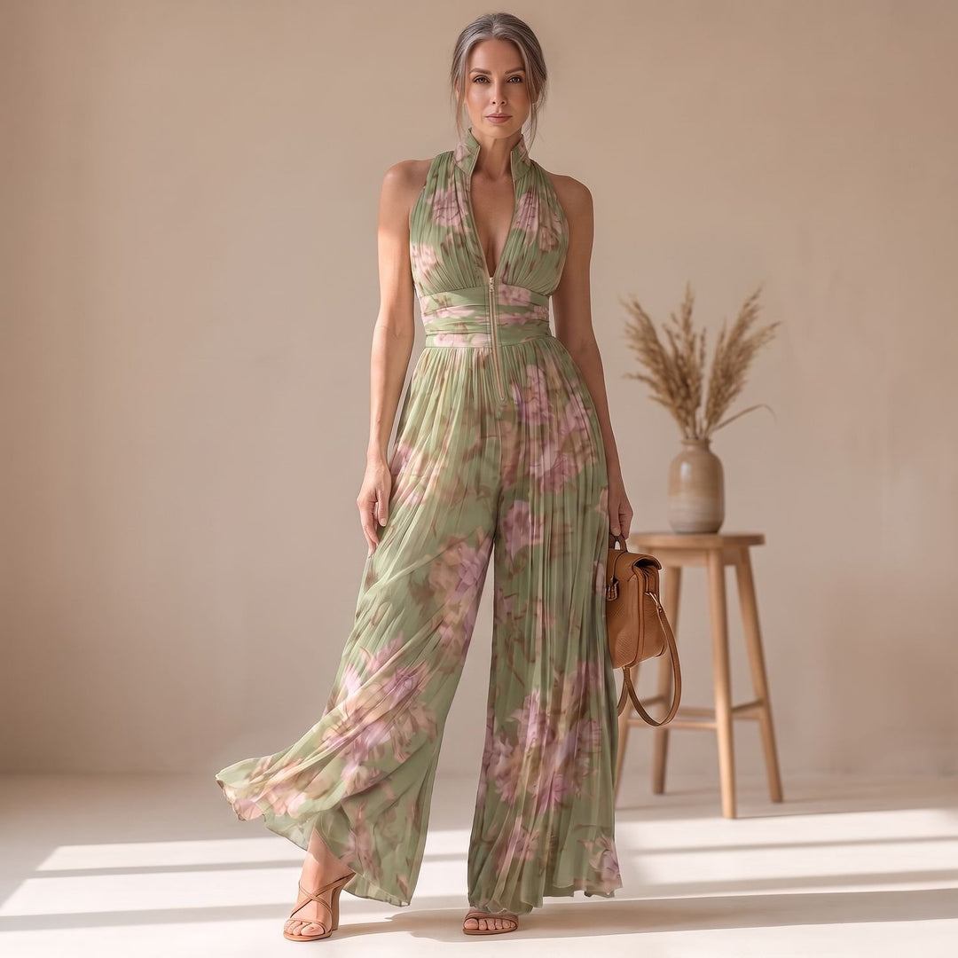 Damen Elegant Plissierter Jumpsuit mit tiefem V-Ausschnitt und Reißverschluss