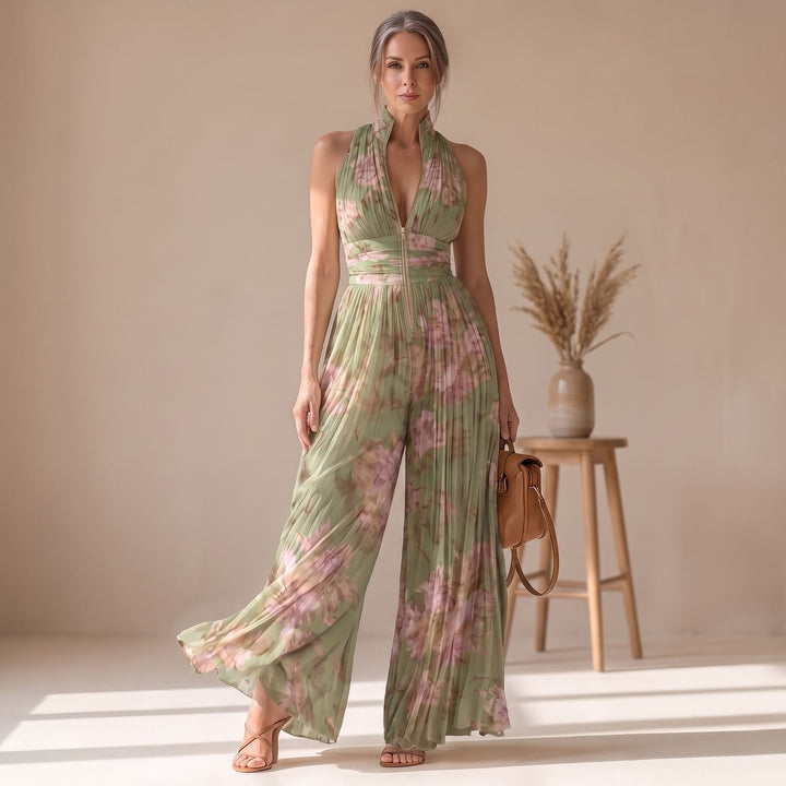 Damen Elegant Plissierter Jumpsuit mit tiefem V-Ausschnitt und Reißverschluss