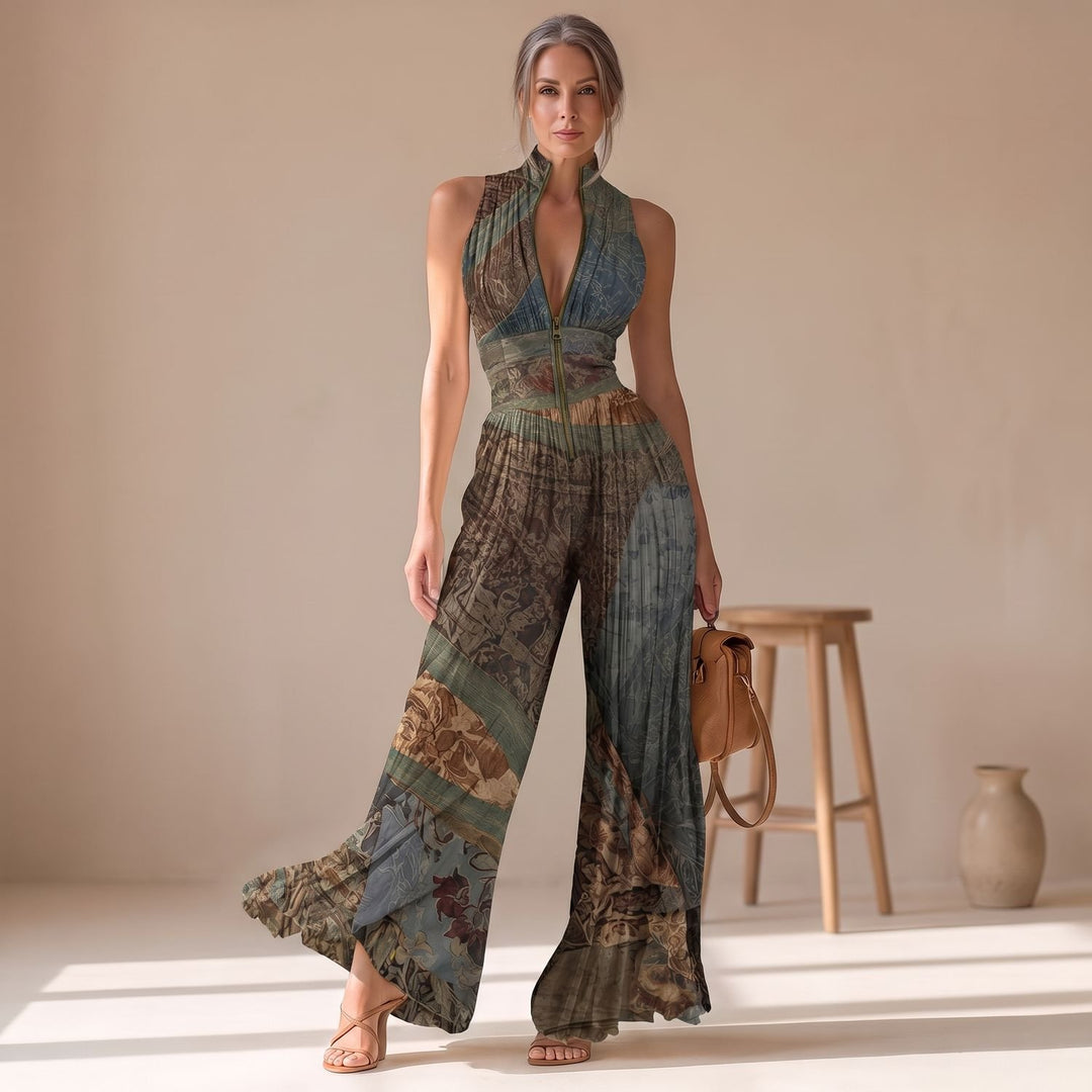 Damen Elegant Plissierter Jumpsuit mit tiefem V-Ausschnitt und Reißverschluss - Blau