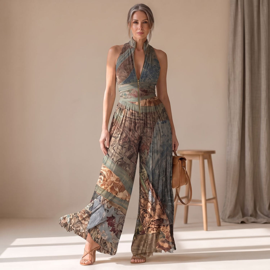 Damen Elegant Plissierter Jumpsuit mit tiefem V-Ausschnitt und Reißverschluss
