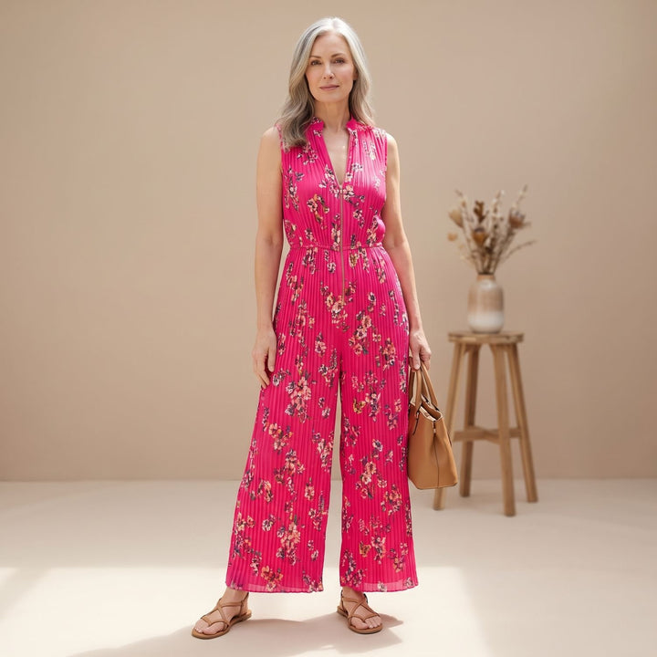 Damen Elegant Plissierter Jumpsuit mit tiefem V-Ausschnitt und Reißverschluss - Rosa
