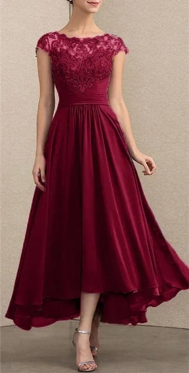 Damen Elegant Spitzen Chiffon Abendkleid Formal Maxi Kleid - Burgunderrot