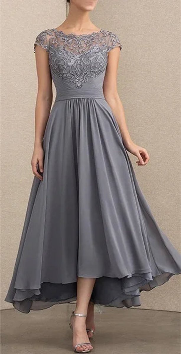 Damen Elegant Spitzen Chiffon Abendkleid Formal Maxi Kleid - Grau