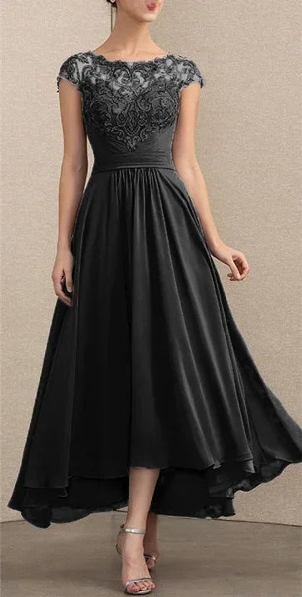 Damen Elegant Spitzen Chiffon Abendkleid Formal Maxi Kleid - Schwarz