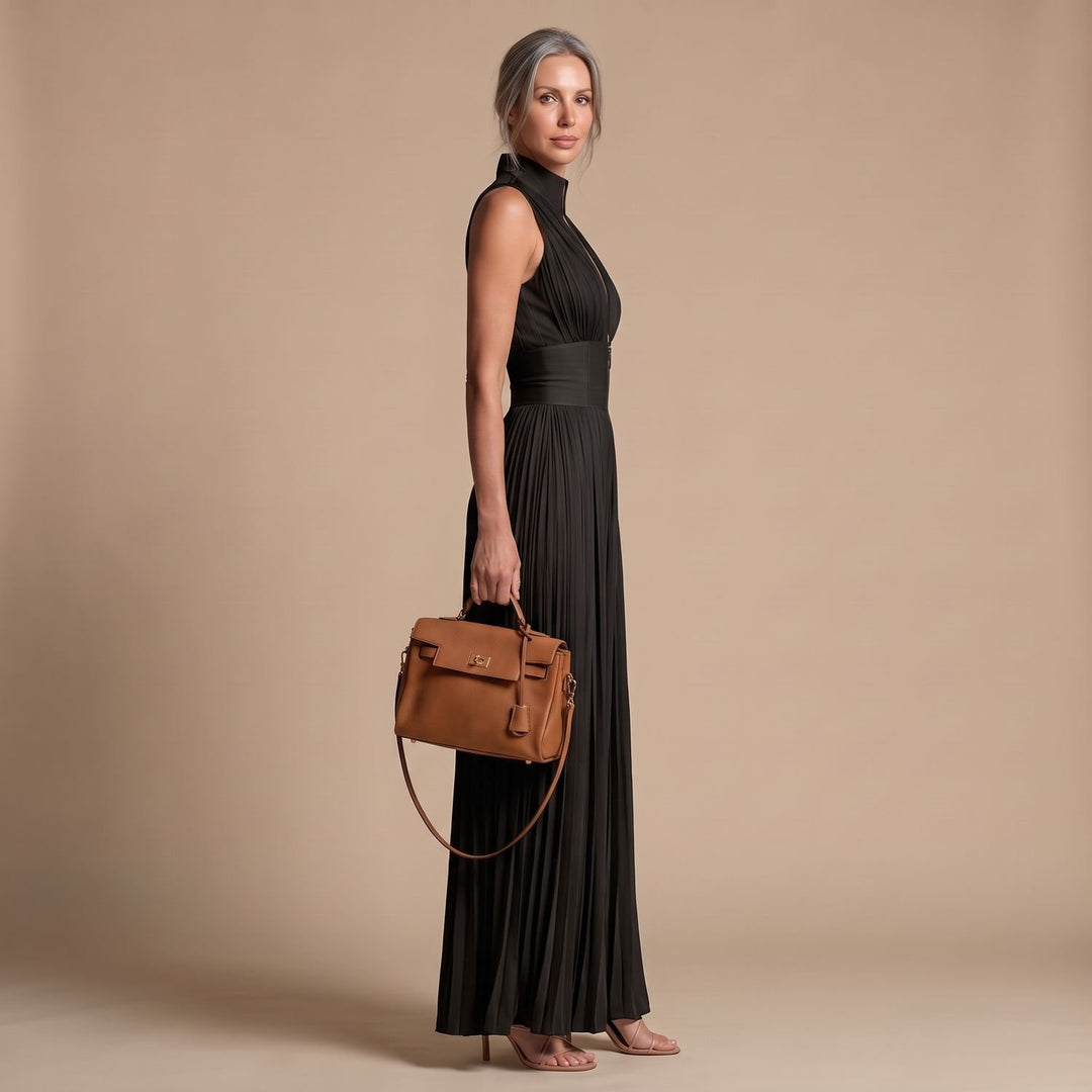 Damen Elegant V-Ausschnitt Weites Bein Jumpsuit Plissiert Ärmellos