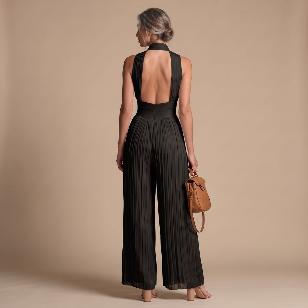 Damen Elegant V-Ausschnitt Weites Bein Jumpsuit Plissiert Ärmellos