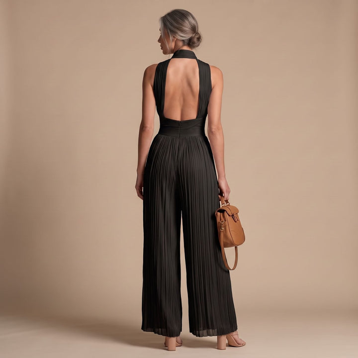 Damen Elegant V-Ausschnitt Weites Bein Jumpsuit Plissiert Ärmellos