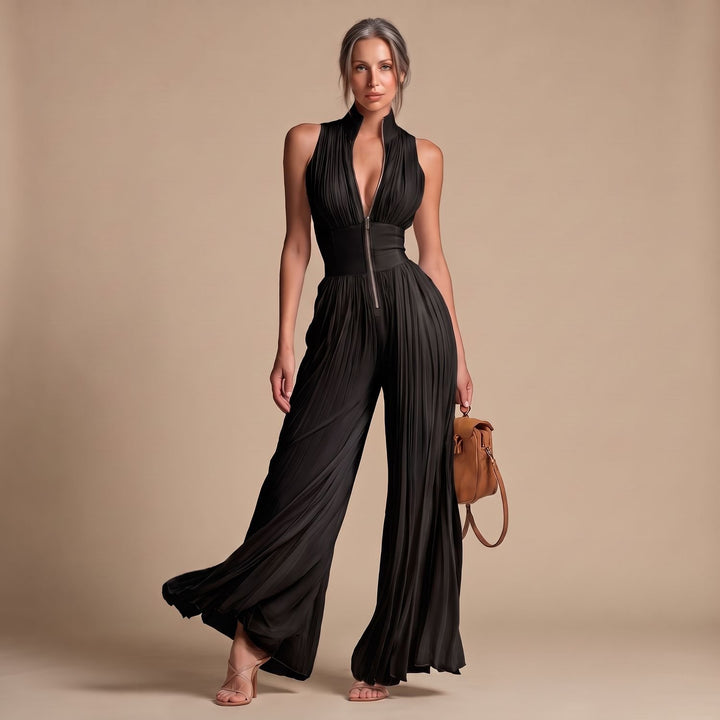 Damen Elegant V-Ausschnitt Weites Bein Jumpsuit Plissiert Ärmellos
