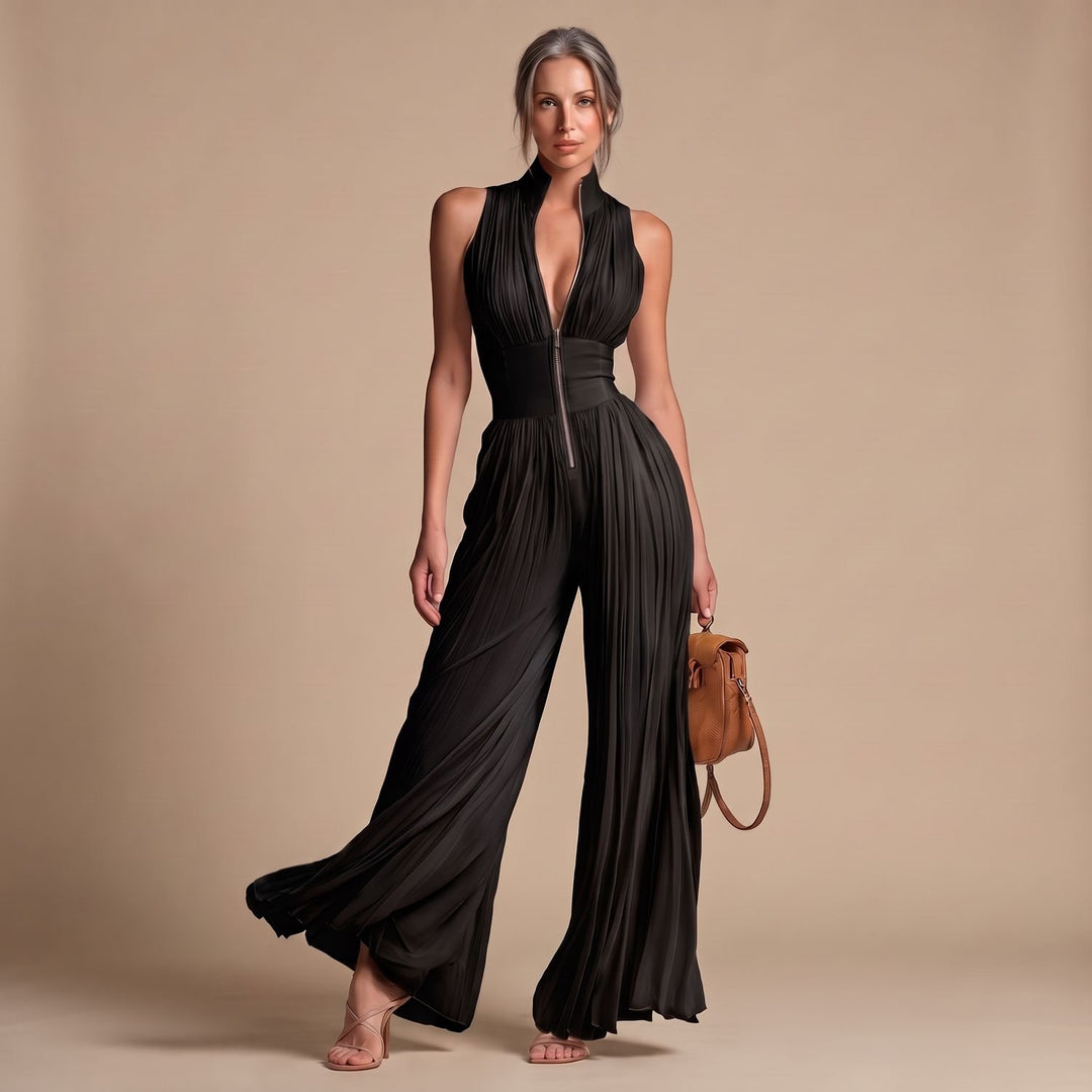 Damen Elegant V-Ausschnitt Weites Bein Jumpsuit Plissiert Ärmellos