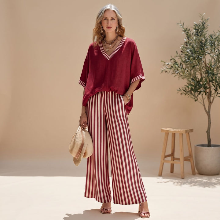 Damen Elegant Zweiteiler V-Ausschnitt Top Gestreifte Weithose - Rot
