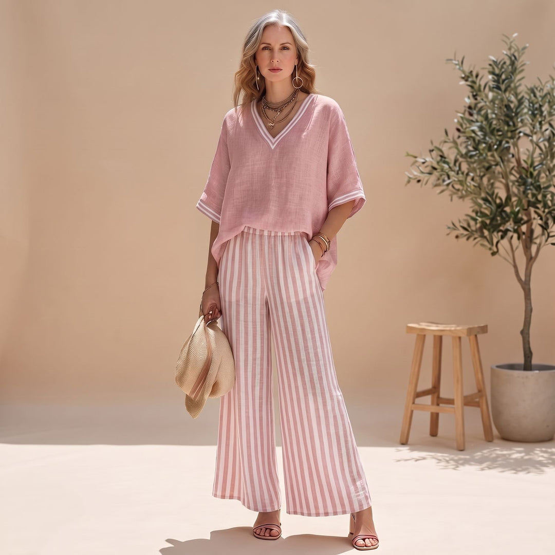 Damen Elegant Zweiteiler V-Ausschnitt Top Gestreifte Weithose - Rosa