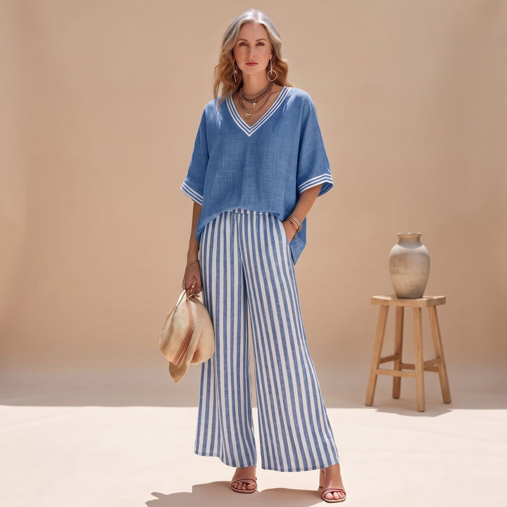 Damen Elegant Zweiteiler V-Ausschnitt Top Gestreifte Weithose - Blau