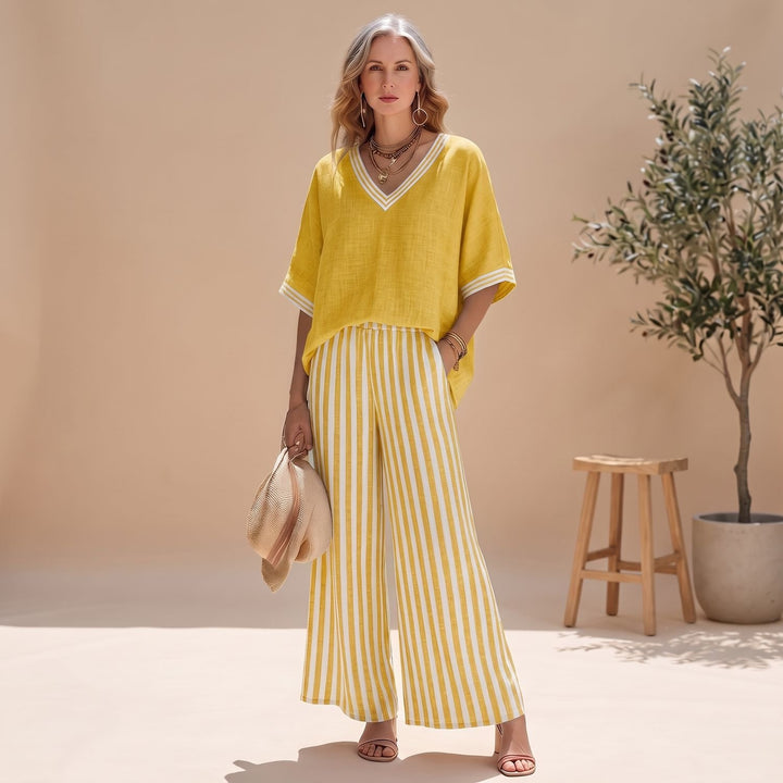 Damen Elegant Zweiteiler V-Ausschnitt Top Gestreifte Weithose - Gelb