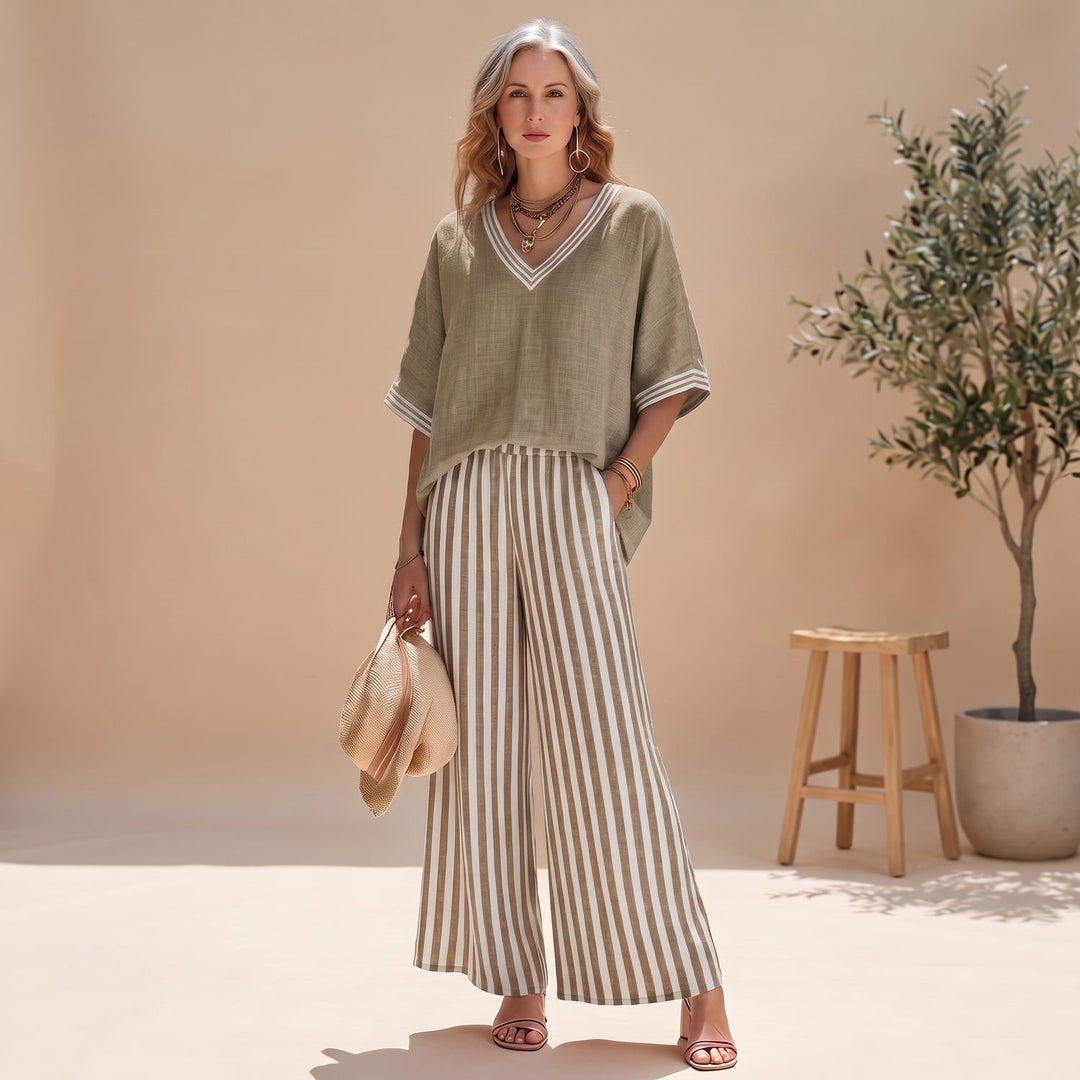 Damen Elegant Zweiteiler V-Ausschnitt Top Gestreifte Weithose - Khaki