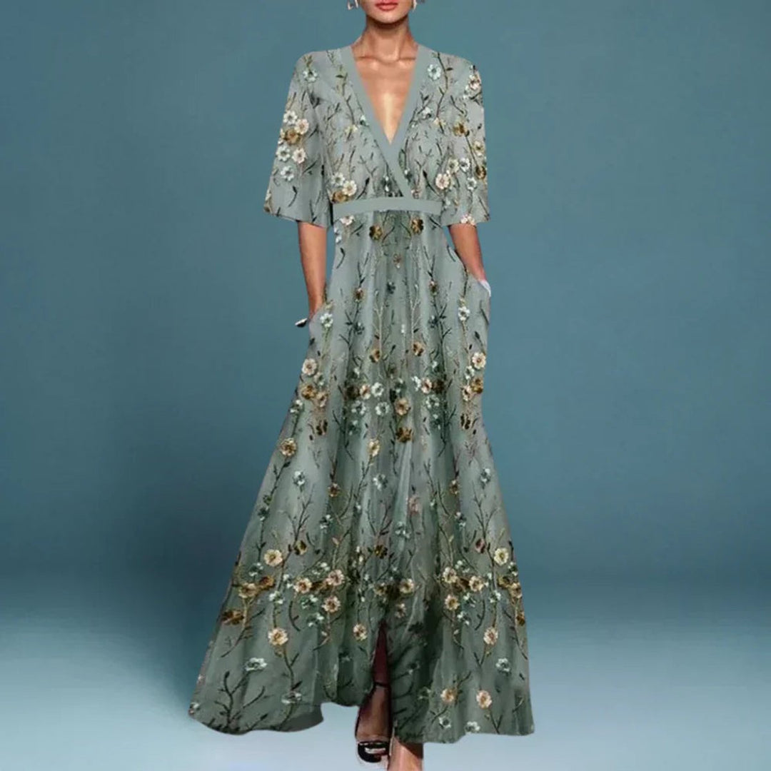 Damen Elegante Blumen Maxi Abendkleider mit tiefem V-Ausschnitt - Blau