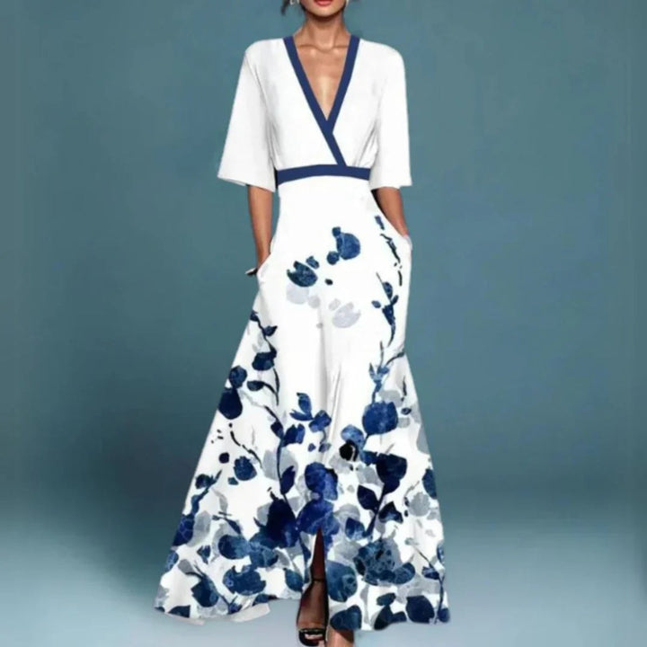 Damen Elegante Blumen Maxi Abendkleider mit tiefem V-Ausschnitt - Weiß