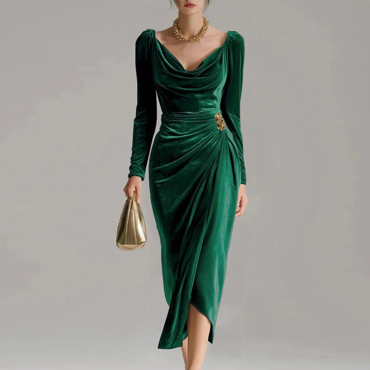 Damen Elegante Formal Dresses Samtkleid Midi Cowlneck Langarm - Grün
