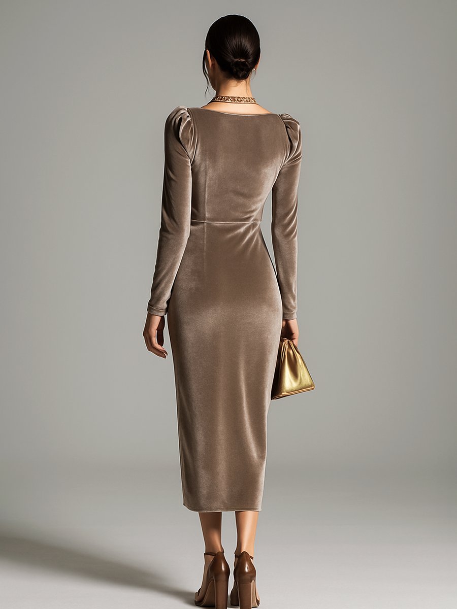 Damen Elegante Formal Dresses Samtkleid Midi Cowlneck Langarm