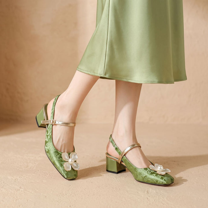 Damen Elegante Mary-Jane-Pumps mit Blütendetail und Blockabsatz - Grün