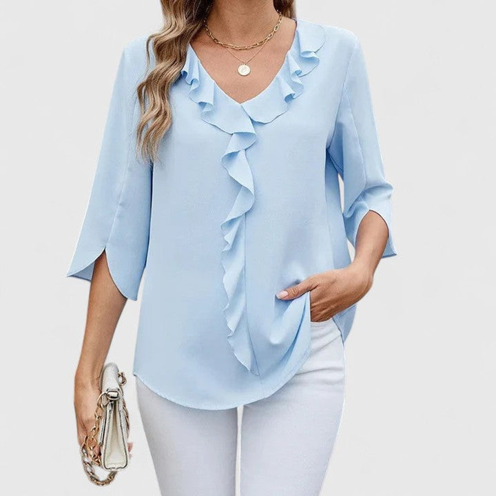 Damen Elegante Rüschen-Bluse V-Ausschnitt Halbarm