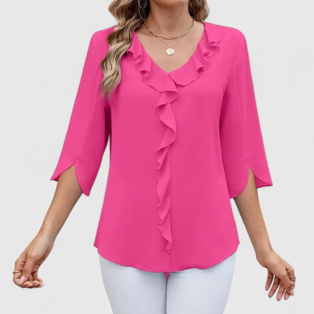 Damen Elegante Rüschen-Bluse V-Ausschnitt Halbarm - Pink