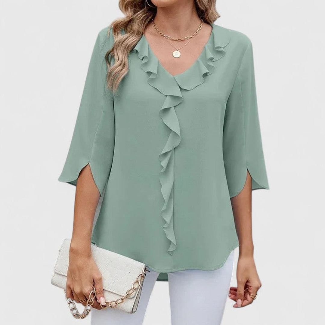 Damen Elegante Rüschen-Bluse V-Ausschnitt Halbarm - Green