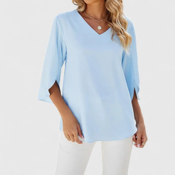 Damen Elegante Rüschen-Bluse V-Ausschnitt Halbarm - Classic Blue