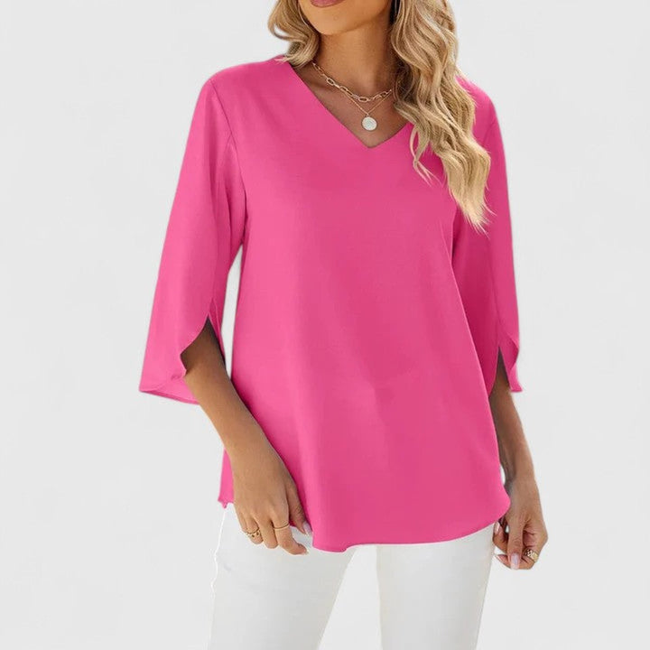 Damen Elegante Rüschen-Bluse V-Ausschnitt Halbarm - Classic Pink