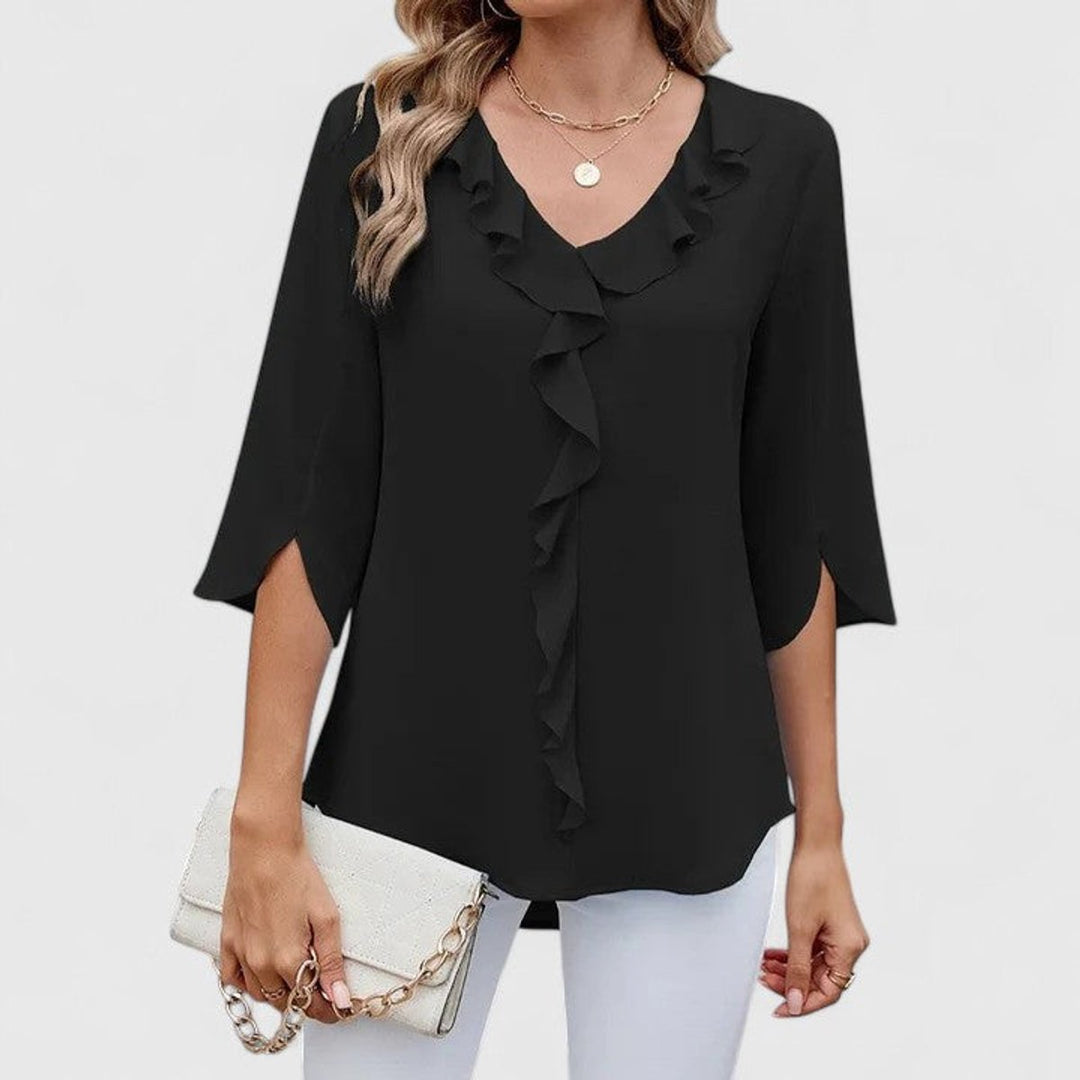 Damen Elegante Rüschen-Bluse V-Ausschnitt Halbarm - Black
