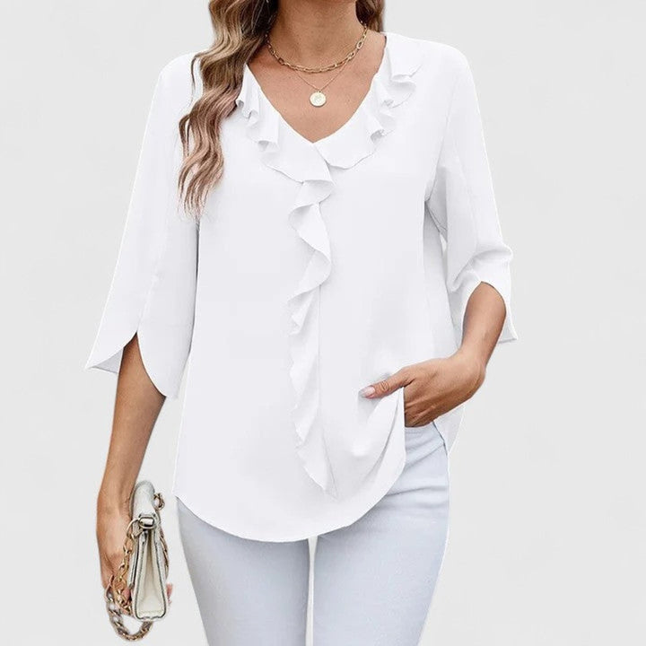 Damen Elegante Rüschen-Bluse V-Ausschnitt Halbarm - White
