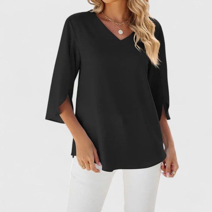 Damen Elegante Rüschen-Bluse V-Ausschnitt Halbarm - Classic Black