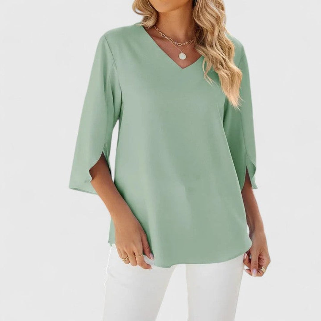Damen Elegante Rüschen-Bluse V-Ausschnitt Halbarm - Classic Green