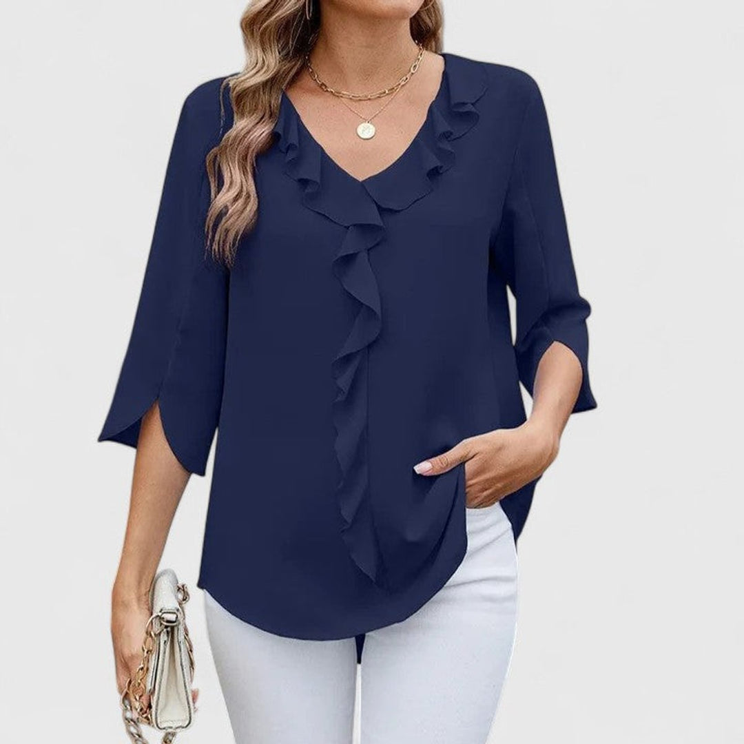 Damen Elegante Rüschen-Bluse V-Ausschnitt Halbarm - Blue