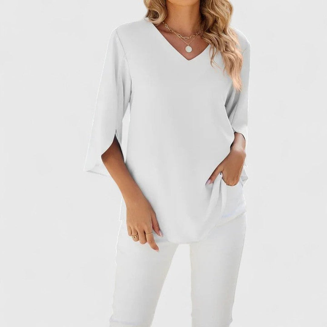 Damen Elegante Rüschen-Bluse V-Ausschnitt Halbarm - Classic White