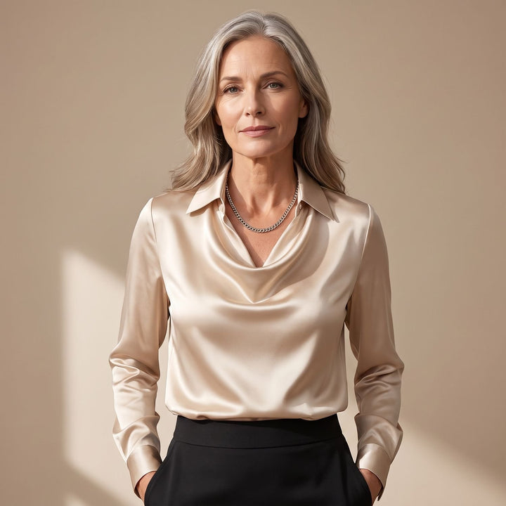 Damen Elegante Satin-Bluse mit Wasserfallausschnitt und Hemdkragen - Gold
