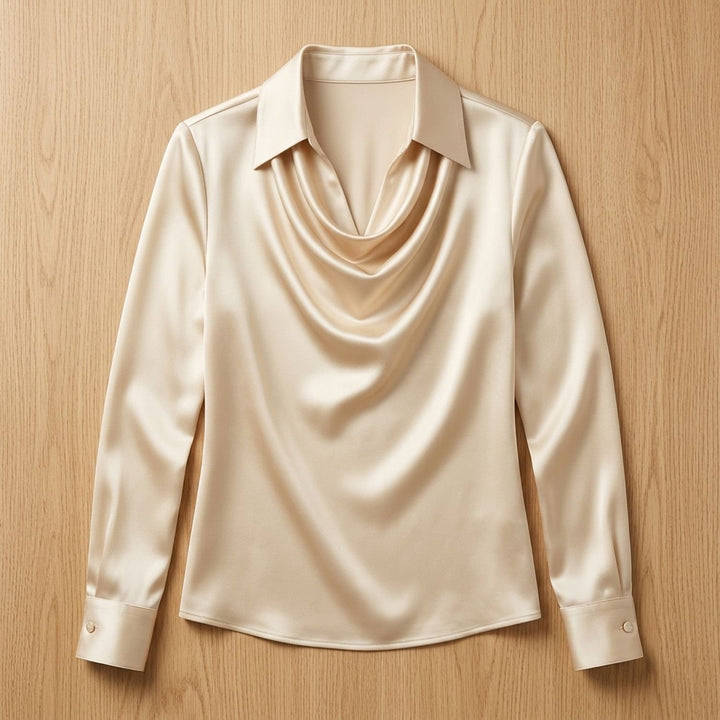 Damen Elegante Satin-Bluse mit Wasserfallausschnitt und Hemdkragen