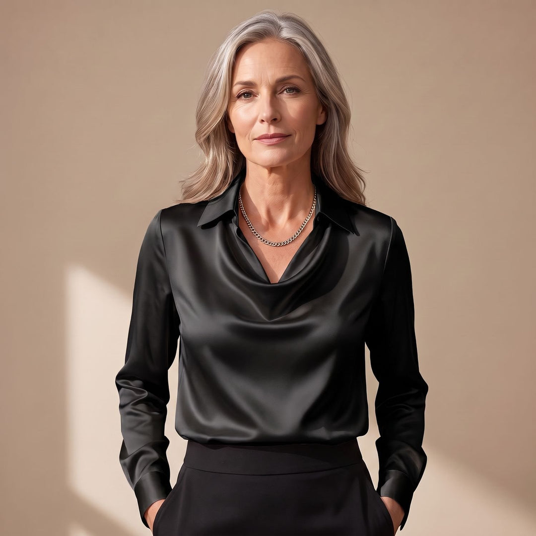 Damen Elegante Satin-Bluse mit Wasserfallausschnitt und Hemdkragen - Schwarz