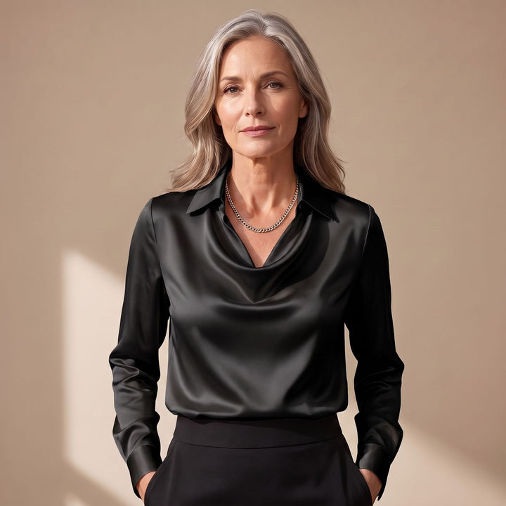 Damen Elegante Satin-Bluse mit Wasserfallausschnitt und Hemdkragen - Schwarz
