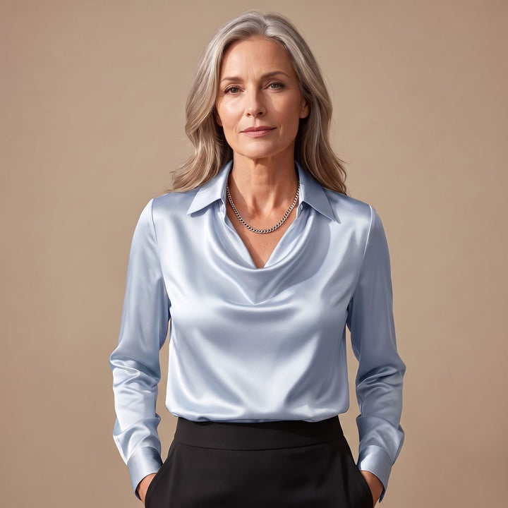 Damen Elegante Satin-Bluse mit Wasserfallausschnitt und Hemdkragen - Hellblau