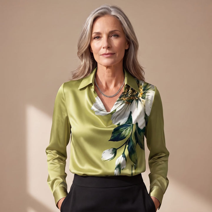 Damen Elegante Satin-Bluse mit Wasserfallausschnitt und Hemdkragen - Grün