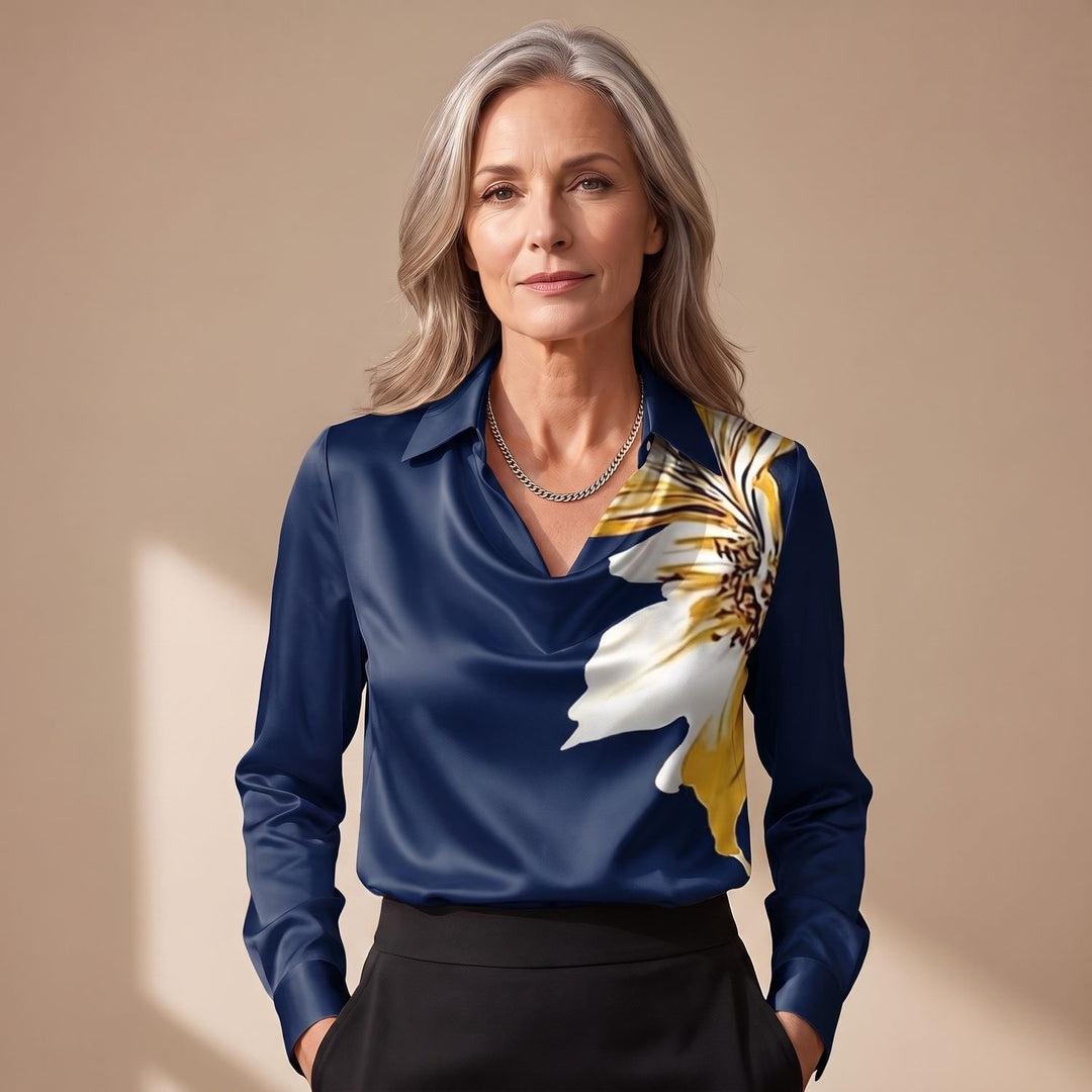 Damen Elegante Satin-Bluse mit Wasserfallausschnitt und Hemdkragen - Dunkelblau