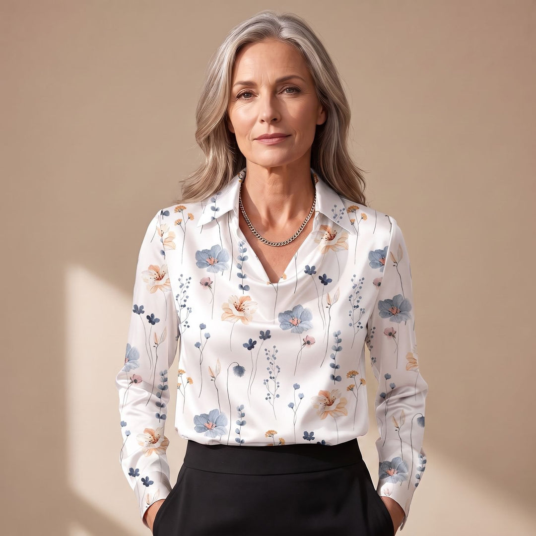 Damen Elegante Satin-Bluse mit Wasserfallausschnitt und Hemdkragen - Weiß Blumenmuster