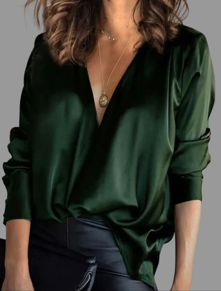 Damen Elegante Satin-Bluse Tiefer V-Ausschnitt Langarm - Green