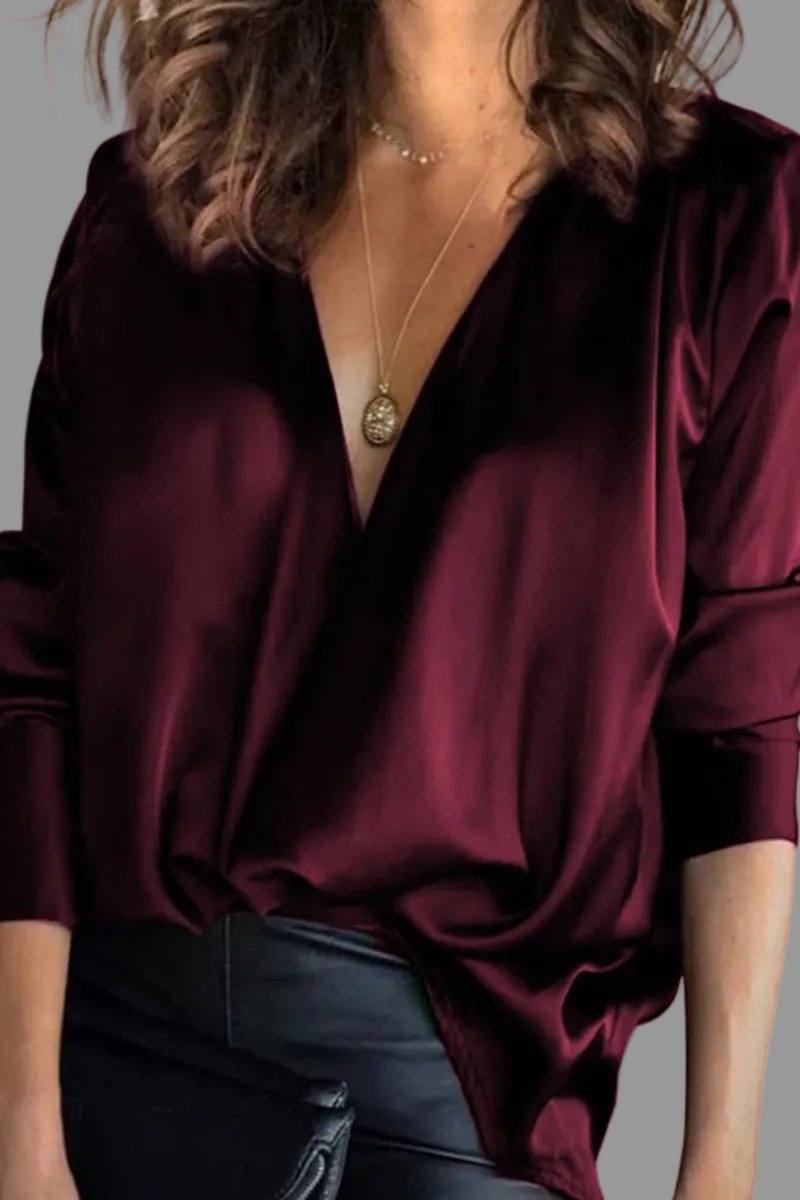 Damen Elegante Satin-Bluse Tiefer V-Ausschnitt Langarm - Burgundy