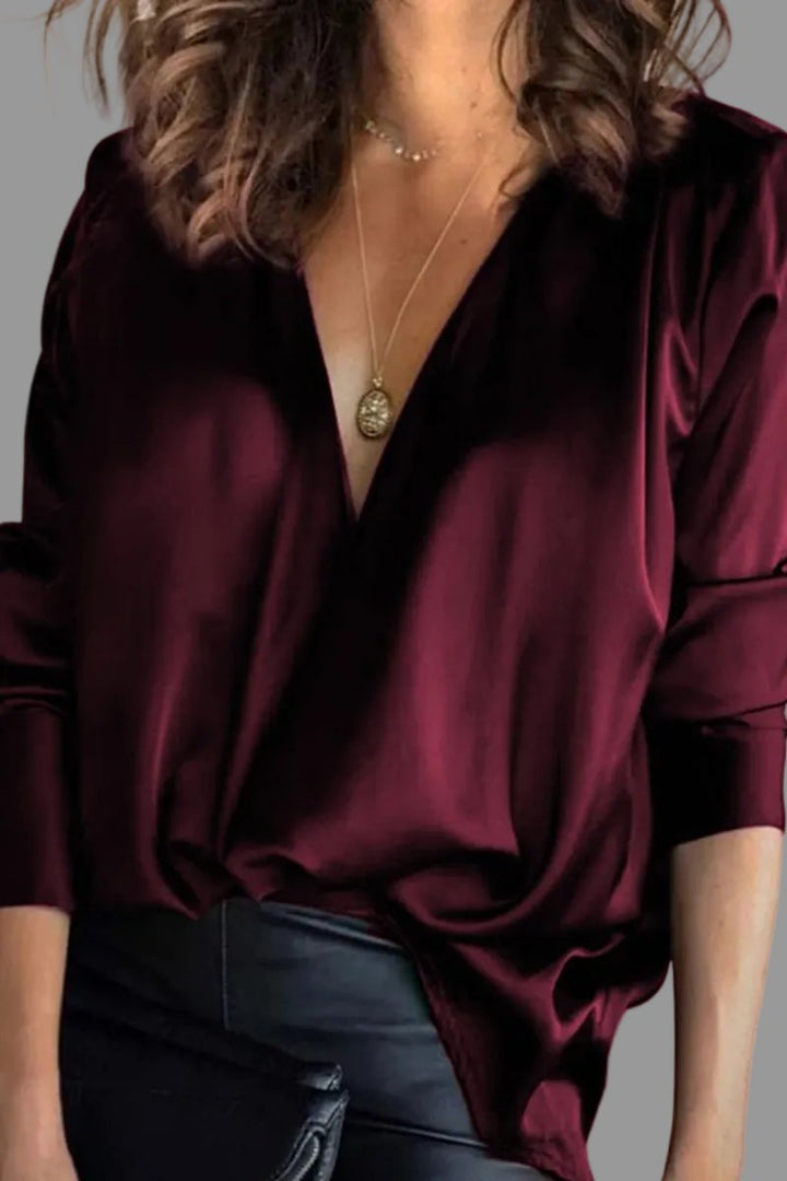 Damen Elegante Satin-Bluse Tiefer V-Ausschnitt Langarm - Burgundy