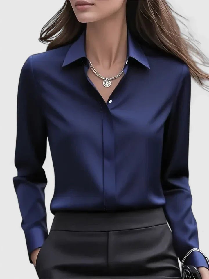 Damen Elegante Satin Business-Bluse Versteckte Knopfleiste - Navy Blue