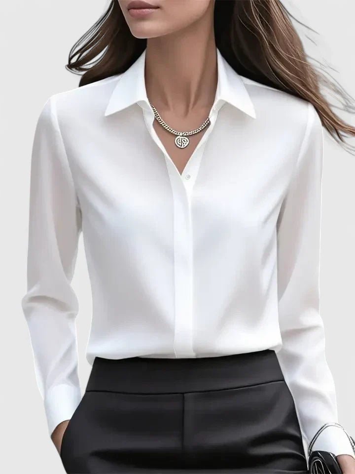Damen Elegante Satin Business-Bluse Versteckte Knopfleiste - White